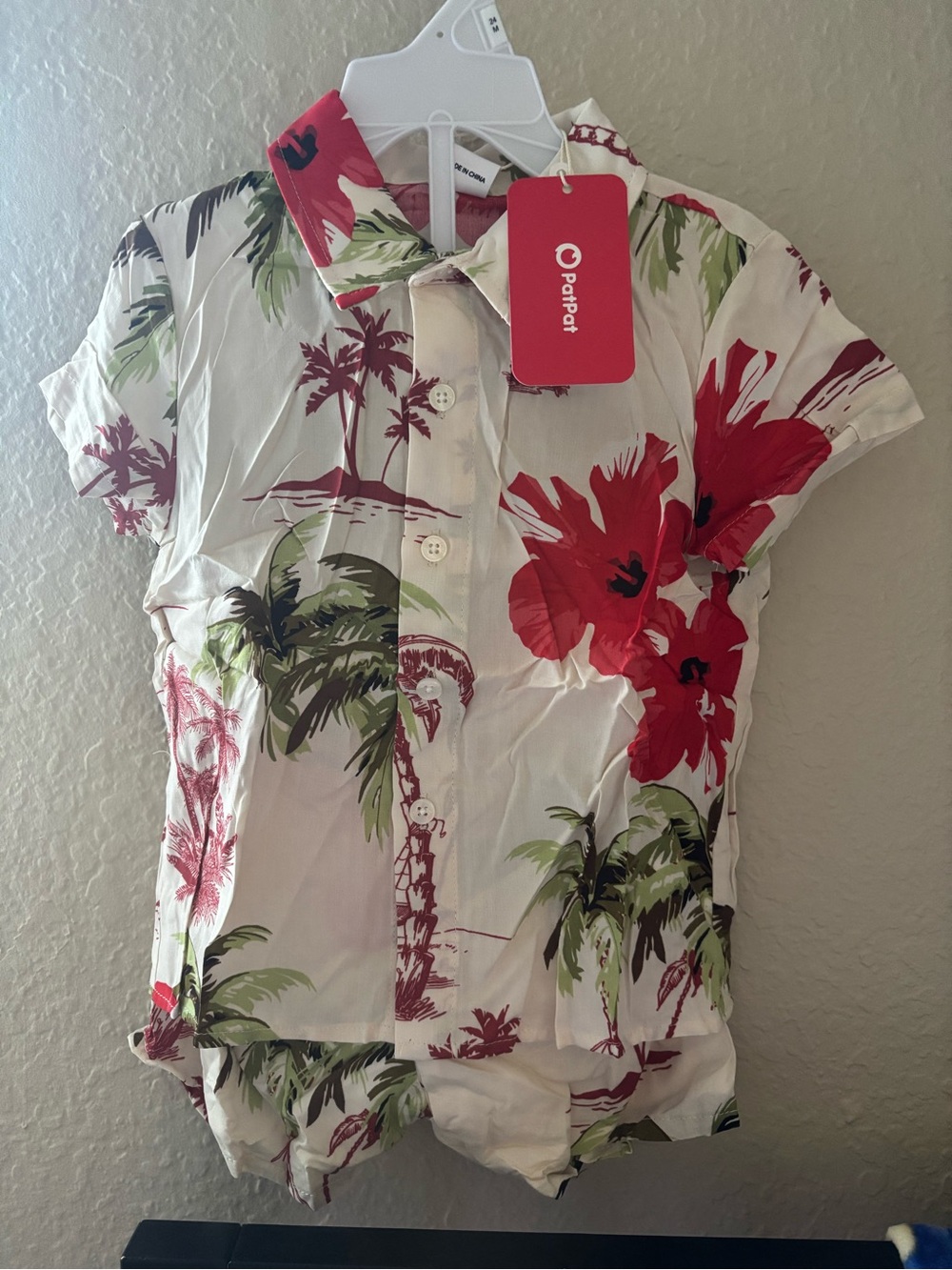 PatPat Toddlers Red Floral Button-Front Short Sleeve Top 3-4T